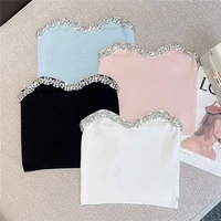 summer 2022 sexy knitting tank for women handmade rhinestone edging candy color black white tube top slim fit