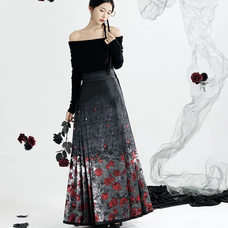 Юбка с изображением лошади плетеная золотая нить вышивка роза цветок ханьфу 2024