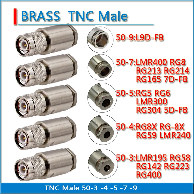 TNC Male RG58 RG142 RG223 RG400 LMR195 RG5 RG6 LMR300 RG304 LMR400 RG8 RG213 RG214 RG165 RG8X RG59 LMR240 50-9 50-3 50-5 50-7
