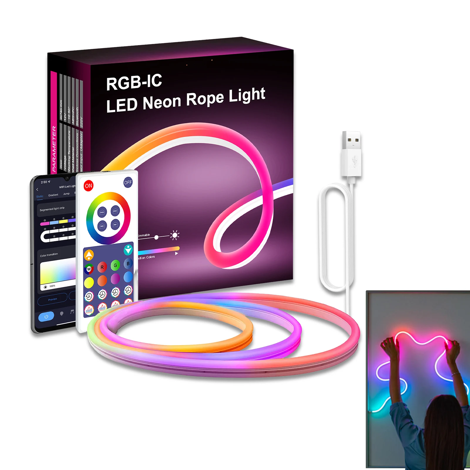 

Неоновая веревка, умная RGB светильник вая лента, 3 м, светодиодная веревка, освещение для спальни, игровой комнаты, украшение, управление чере...