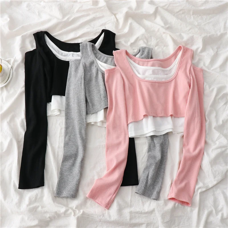 

Off Shoulder Fake Two Pieces Long Sleeve T-shirts Women Korean Style Hollow Out Slim Corp Top Simple Trendy Chic Sexy 2022 New