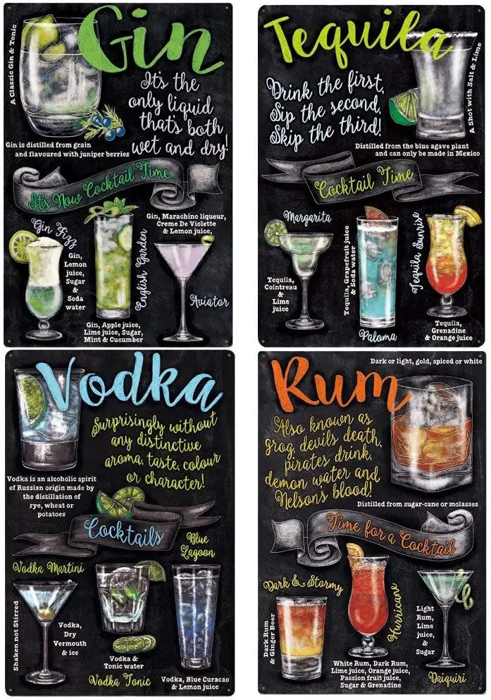 Cocktl Tme Vntge Metl Tn Sgn Gn Tequl плакат Rum Recpe Vodk nc Plque Br Home Decorn 12 8