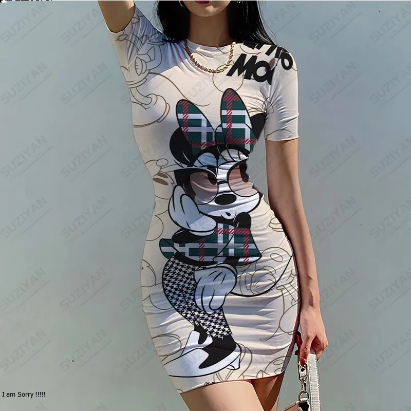 

Disney Summer New Hot Selling Minnie Printing Women's Short Sleeve Round Neck Sexy Temperament Party Dress Tight Wrap Hip Skirt