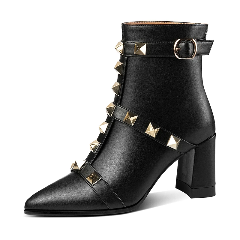 

Женские ботинки из натуральной кожи, с острым носком, на толстом каблуке, с заклепками, большие размеры 34-48, осень 2023