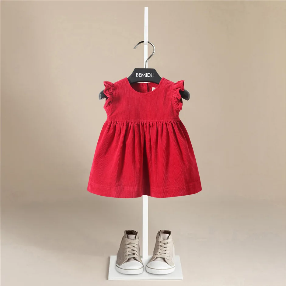 

New Spring Autumn Girls' Flying Sleeve Cotton Dress Middle Small Children's Western-style Corduroy Solid Color Princess Dress