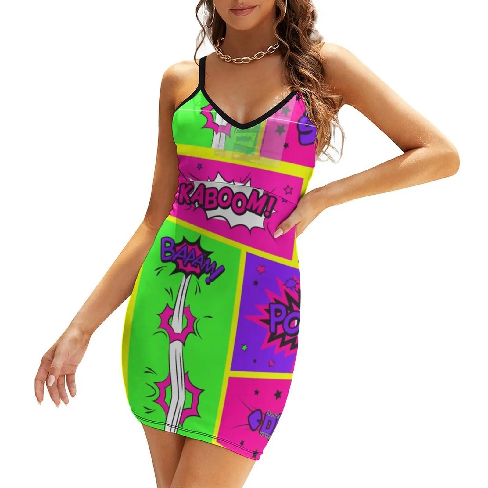 

Panels Crazy Bright And Colorful Comic Book Art Women's Sling Dress Funny Novelty Suspender Dress Creative Sexy Woman's Dress