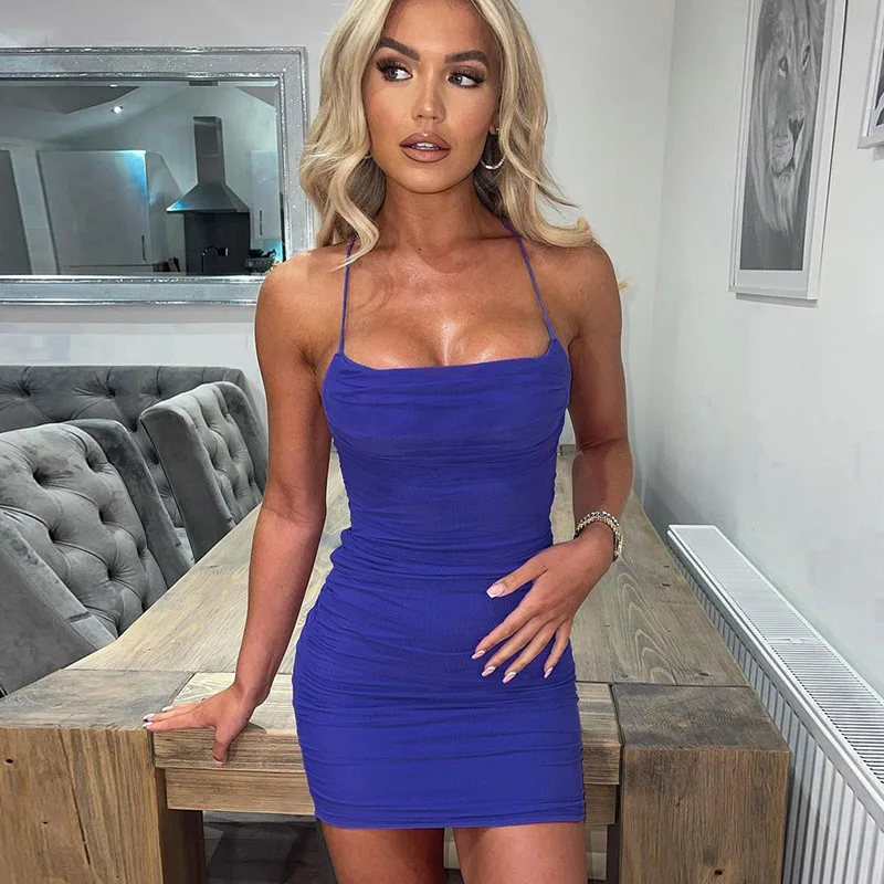 

Slip Dress High Street Women Party Sleeveless Folds Spaghetti Strap Backless Mini Wrap Vestidos Bodycon Black Blue 2022 Summer