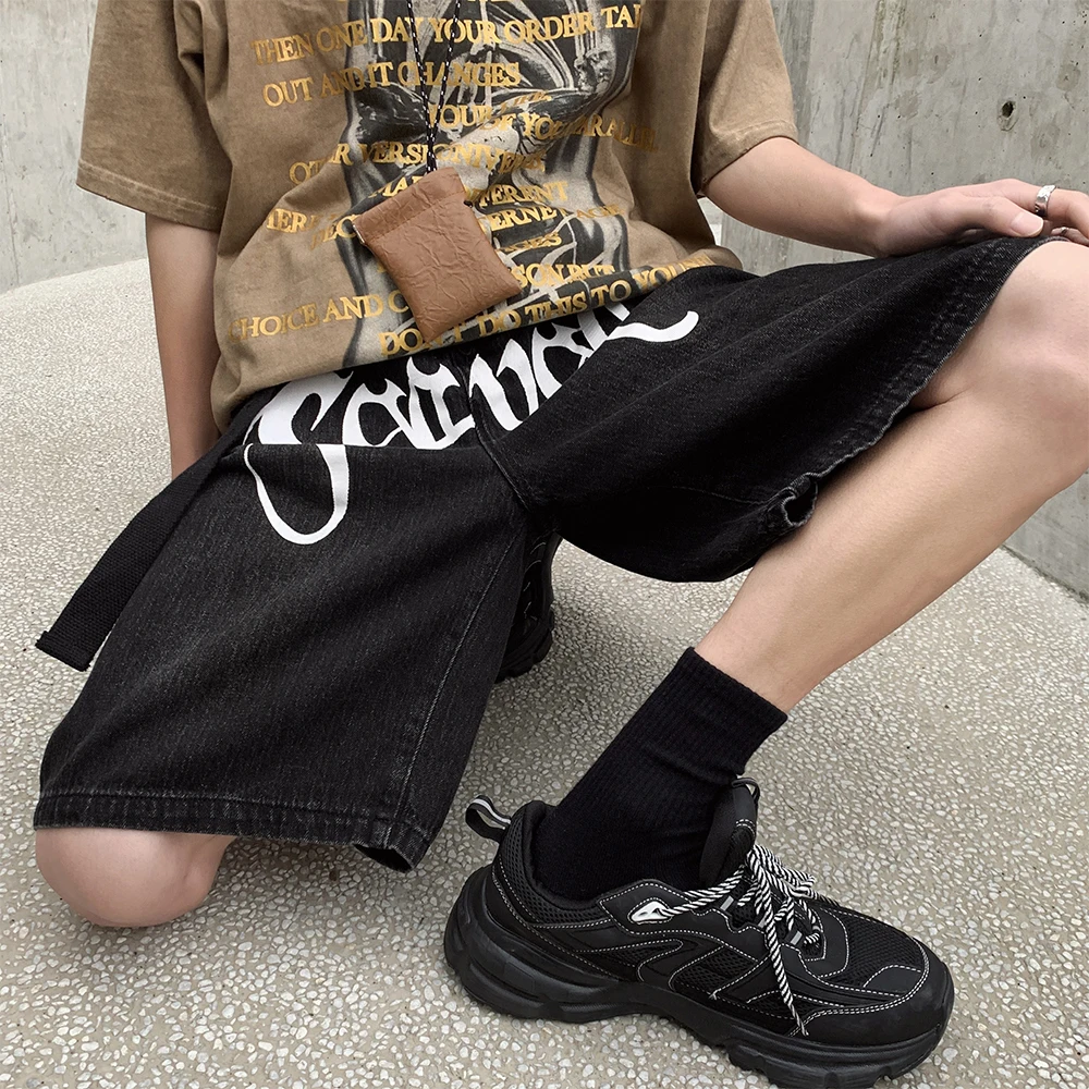 CHIPS Summer Dark Letter Print Men Jeans Short Vintage Denim Men Pants Japanese Harajuku Streetwear Hip Hop Casual Loose Shorts