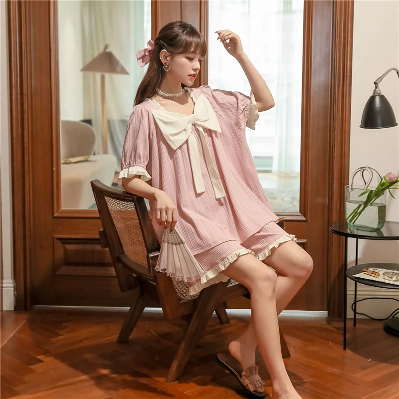 Spring Knitted Cotton Sleepwear Elegant Women Pajama Sets loose Short Sleeves Pajamas Women's Summer Fashion Home Clothing