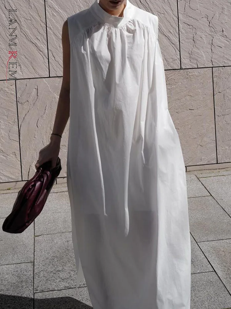 

LANMREM офисное женское платье со стоячим воротником без рукавов, модное ТРАПЕЦИЕВИДНОЕ ПЛАТЬЕ с разрезом, женская одежда 2023, летняя Новинка 2YA1896