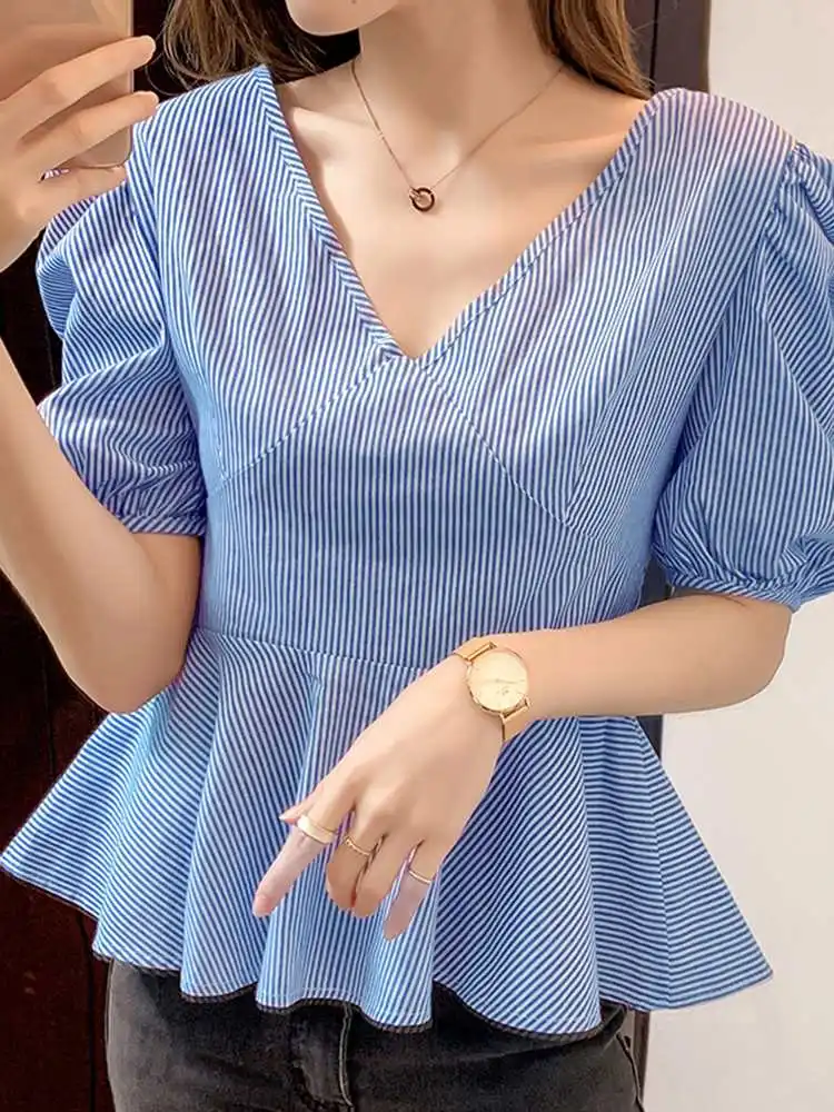 

VONDA Fashion Women Short Sleeve Shirt Blouse Casual Femme Clothing V Neck Striped Blusa Femininas Pleated Chemise Tops Oversize