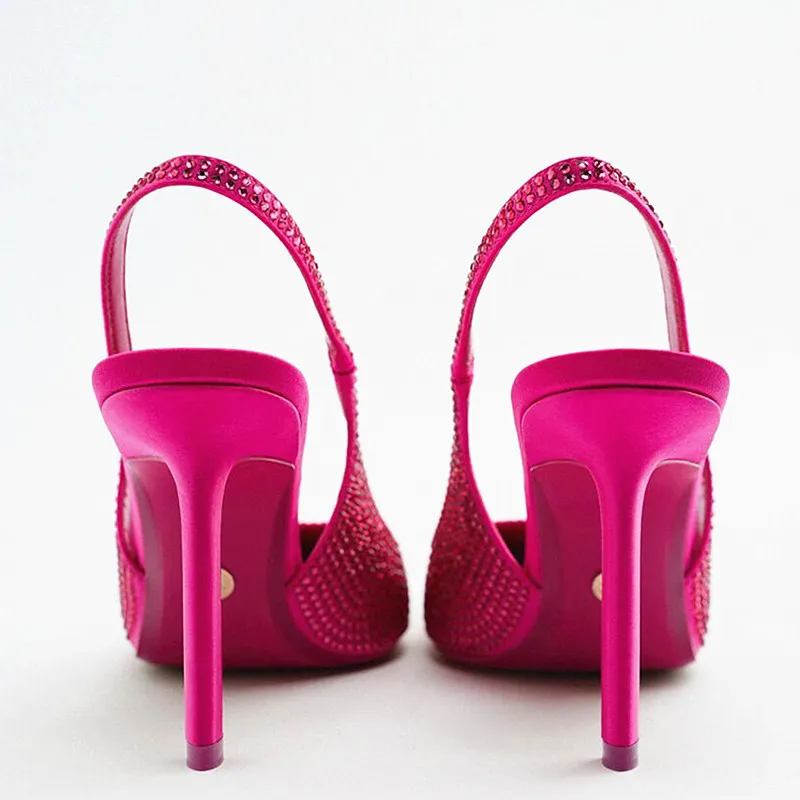 TRAF Summer Woman Heeled Sandals 2022 Rhinestone Heels Ladies Pumps Women High Heels Slingback Red Green Shoes Slingback Heeled