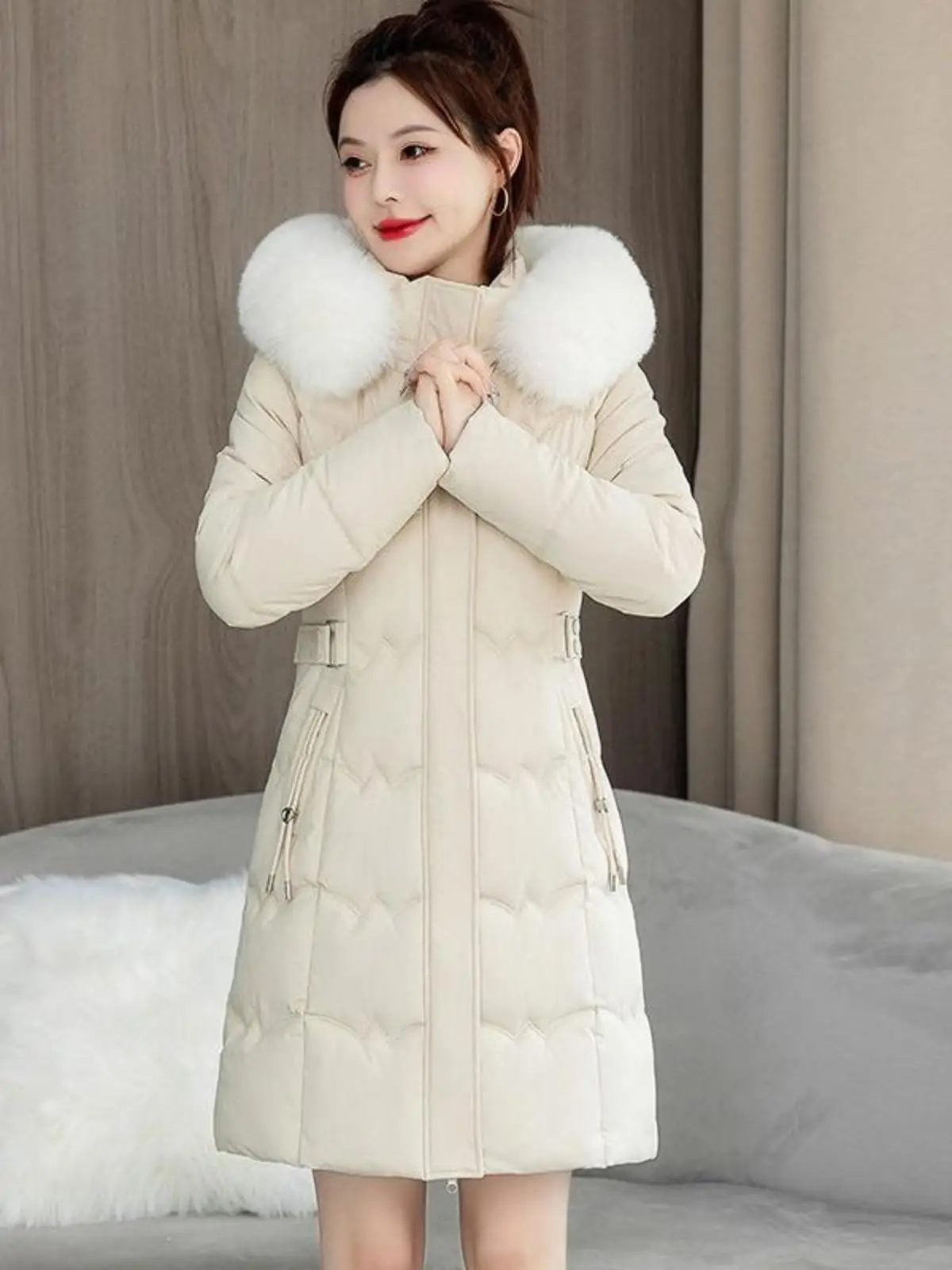 Winter New Korean Sle Big Fur Collar Cotton-Padded Coat Women Mid-Length Slim fit Cotton-padded jacket Thickened Slimming C...