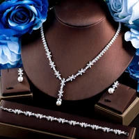 threegraces 3pcs romantic cubic zirconia silver color elegant pearl drop bridal wedding prom jewelry set for bridesmaid tz715