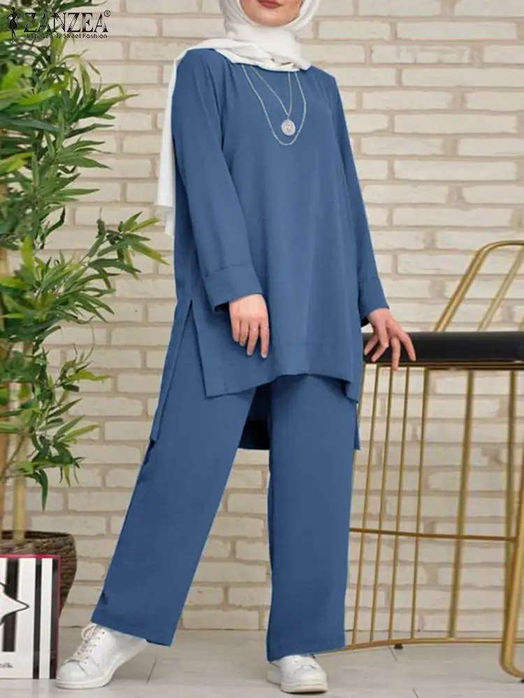 ZANZEA Fashion Vintage Muslim Suit 2PCS O-Neck Solid Blouse Loose Pant Female Urban Tracksuit Causal Turkish Islamic Clothing