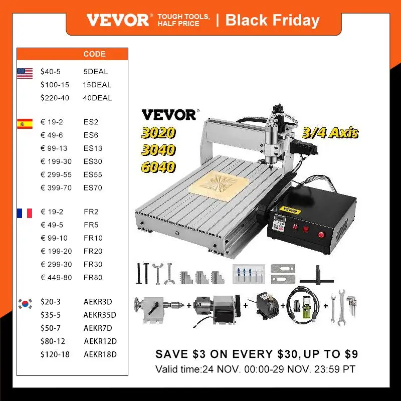 VEVOR 3/4 Axis CNC Router 6040/3040/3020 Laser Engraver USB Port Milling Engraving Machine PVC 3D Carving Woodworking Machine