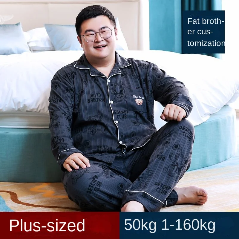 1 Age season fertilizer plus-size men printed cotton pajamas long-sleeved pants fat loose fat and leisurewear suit