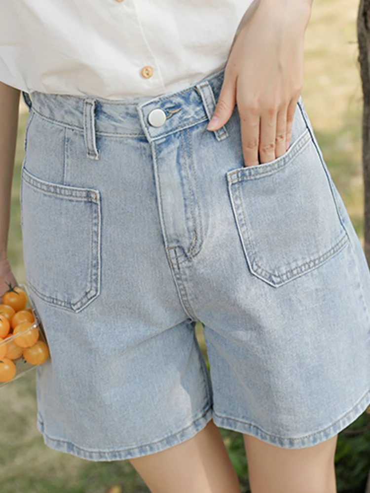 New Summer Women Straight Loose Blue Denim Shorts Streetwear Female High Waist Button Pocket Jeans Shorts Bottoms