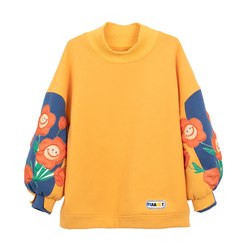 Orange Spring Plush Lining Hoodie Loose Women's Top Floral Patch Warm Sweatshirt 100% Cotton