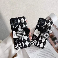 black and white pattern leather lanyard love bracket phone case for iphone 13 12 11 pro x xs xr max silicone shock absorption