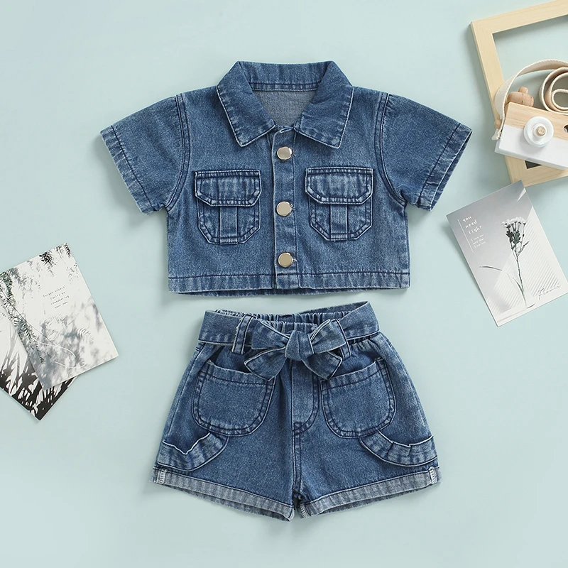

Летняя одежда для девочек, джинсовый костюм, шорты, рукава, воротник с лацканами, пуговицы, топы с карманами, короткие брюки, комплект