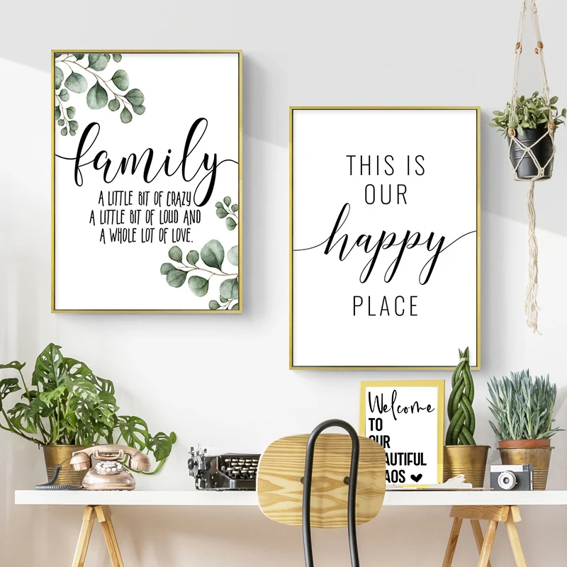 

Minimalist Family Simple Quote Canvas Painting Picture Green Leaves Print Poster Black White Wall Art for Living Room Home Decor