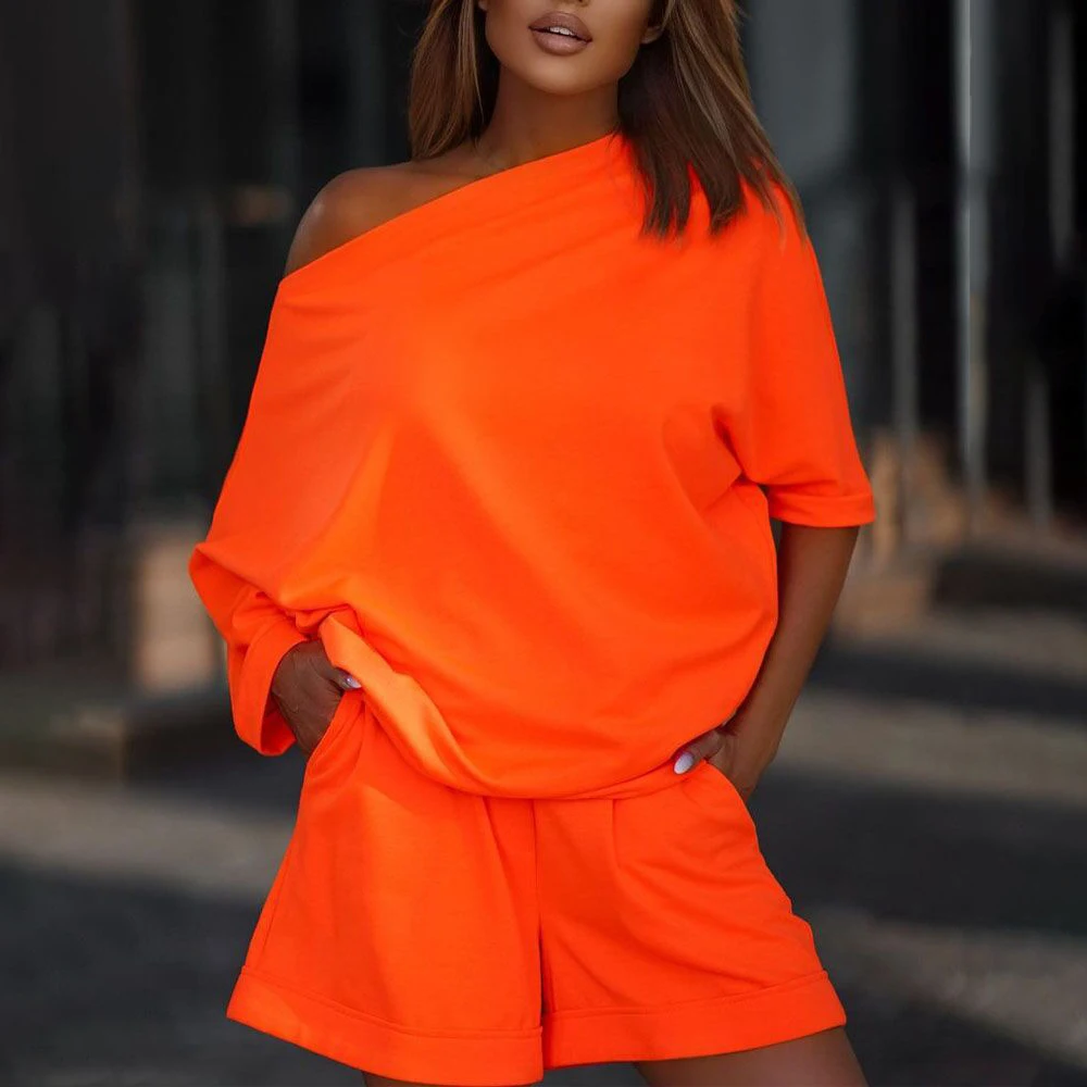 

Women Two Piece One Shoulder O Neck Pocket Detail Shorts Set Holiday Tracksuit Beach Suits Clothes 2022 Summer