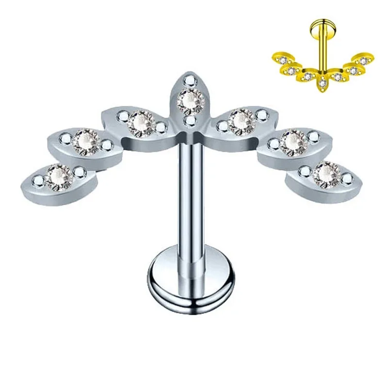 

316L Stainless Steel 16G Cubic Zirconia Crown Labret Piercing Heart Gem Daith Conch Earring Flower Crystal Screw Piercing Stud