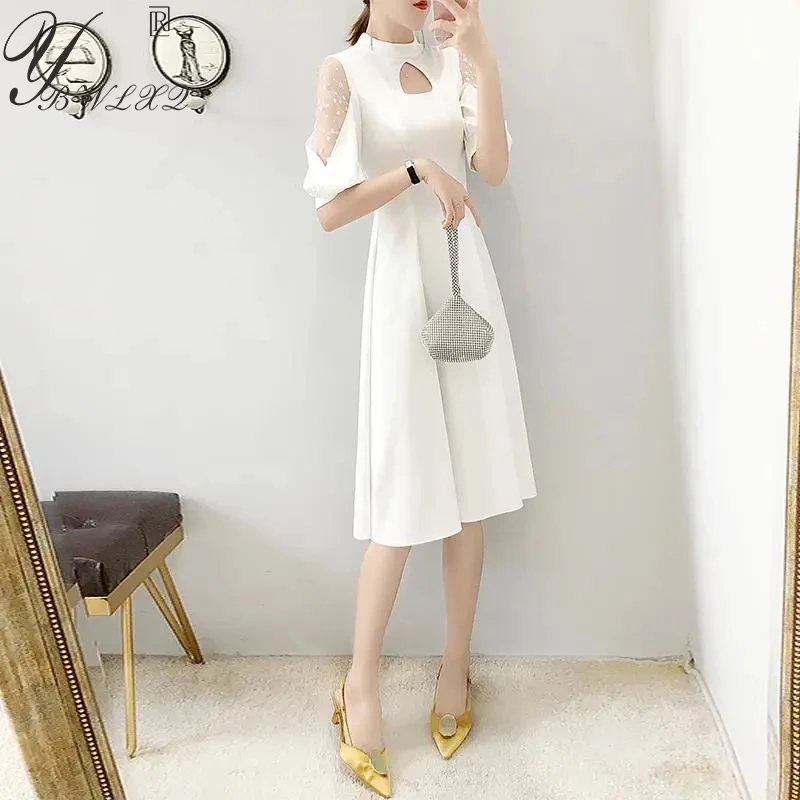 

2022 Summer White Dress Women Fashion Backless Sexy Dress Lady Elegant Solid Color Half Sleeve Slim Waist Midi Prom Dresses