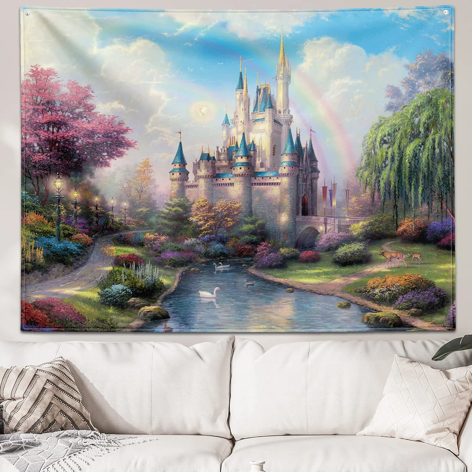 

Castle Tapestry Trees and River In Fantasy Forest Fairy Tale Tapestries for Kids Bedroom Living Room Dorm Party Wall Art Decor