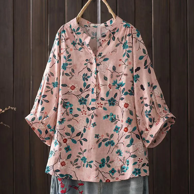 

Vintage Print Cotton Pullover Short Sleeve V Neck Shirt Women Loose Lantern Sleeve Top Camisas De Mujer