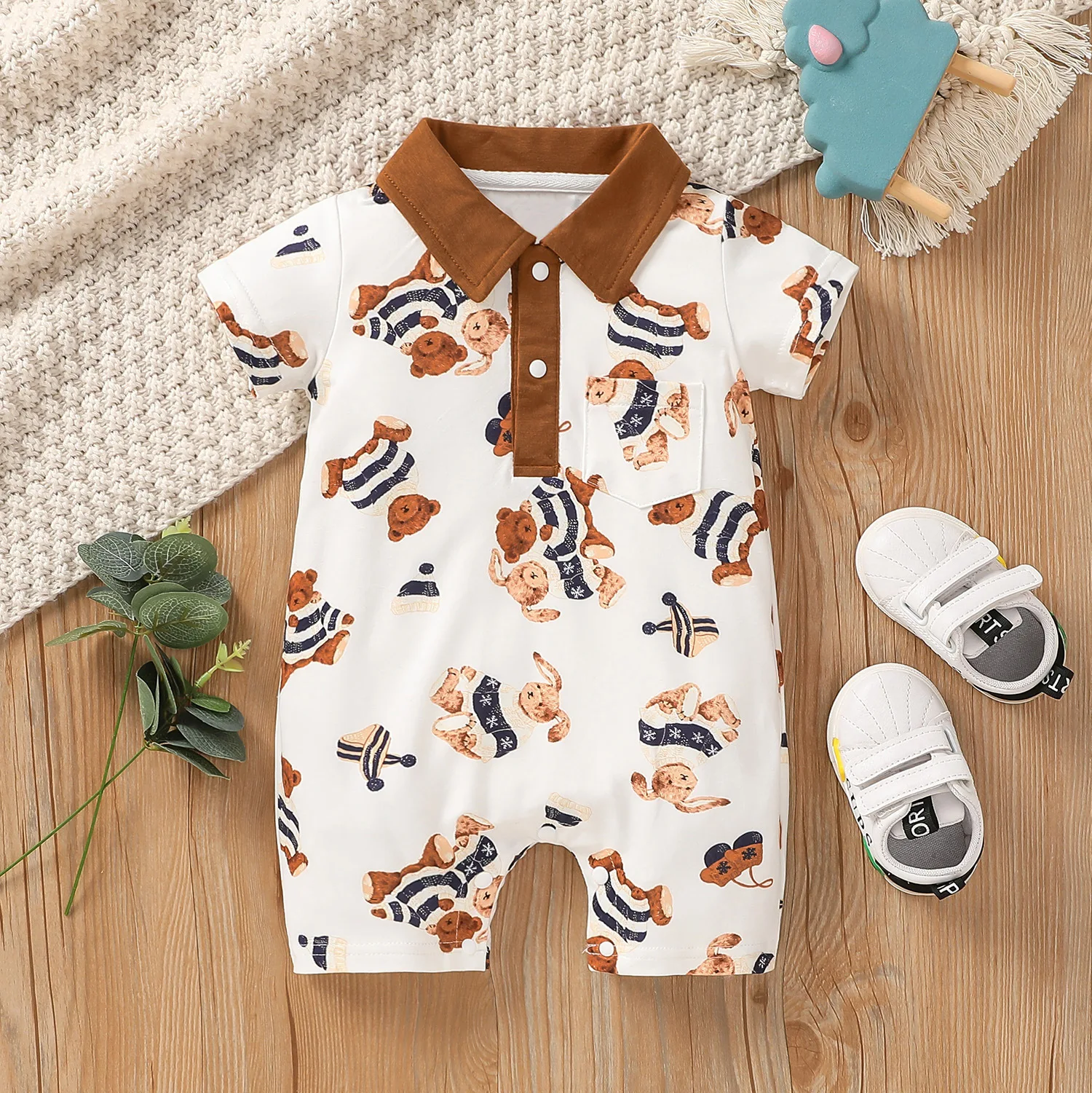 Summer Baby Boy Bear Print Short Sleeves Turndown Collar Shorts Rompers Cartoon Cute Clothes Infant Boy Outfit