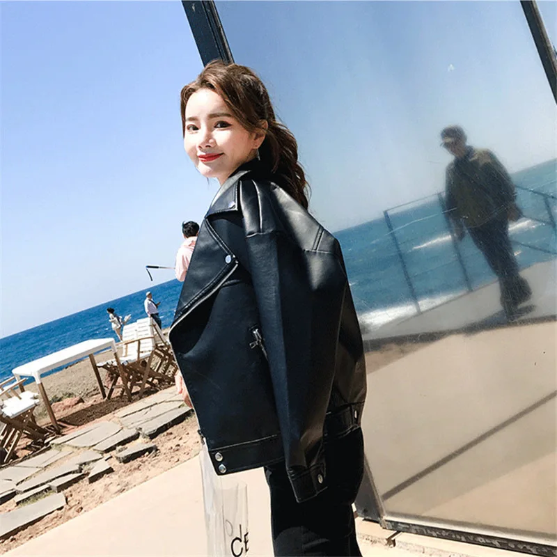 skinny leather jacket women's short spring, autumn  winter 2022 Korean fashion student bf lady  loose motorcycle leather jacket