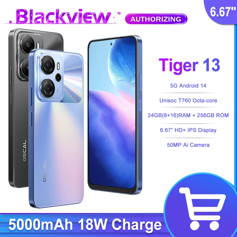 Смартфон Blackview OSCAL TIGER 13 6 67 дюйма 5G 24 ГБ (8 + 16 ОЗУ 256 ПЗУ 50 МП 5000 мАч Android 14 NFC