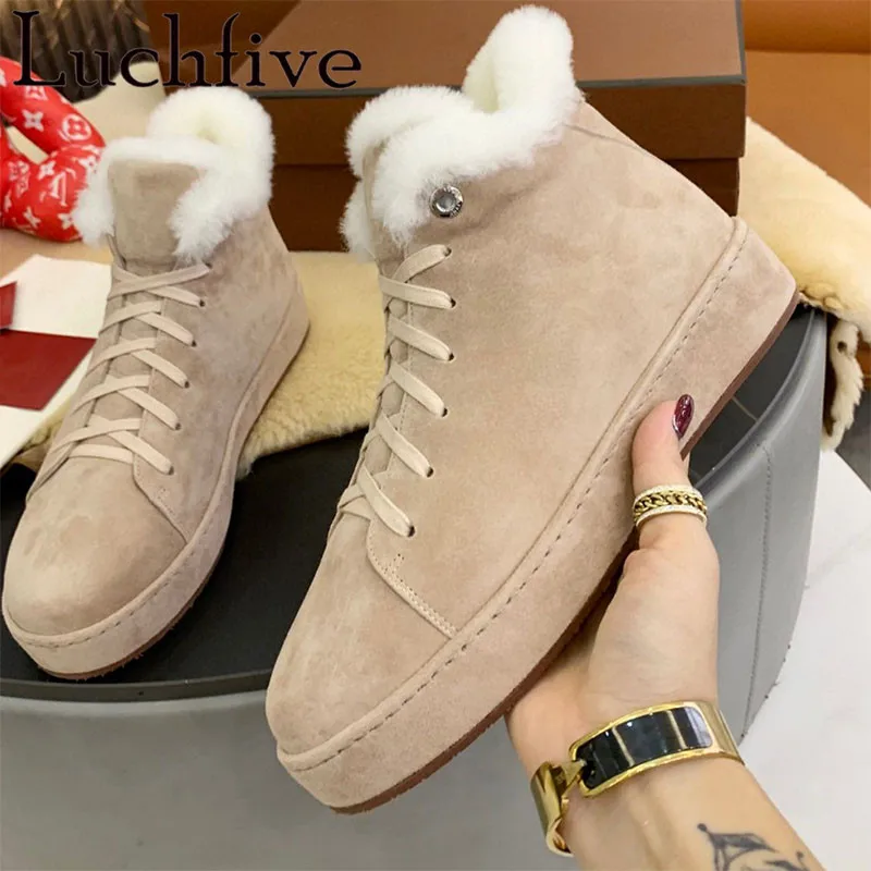 

Брендовые дизайнерские высококачественные зимние новые замшевые шерстяные короткие сапоги на шнуровке с круглым носком теплая обувь Повс...