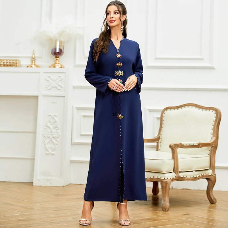 Dark Purple Hand Sewn Diamond Gold Tube Dress Dubai Arabian Robe  Maxi Dress 2022 New Kaftan Abayas Djellaba Moroccan Vestidos