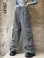yikuo baggy grey cargo pants pocket patchwork low rise straight casual suits pants for women streetwear trouser korean fashion