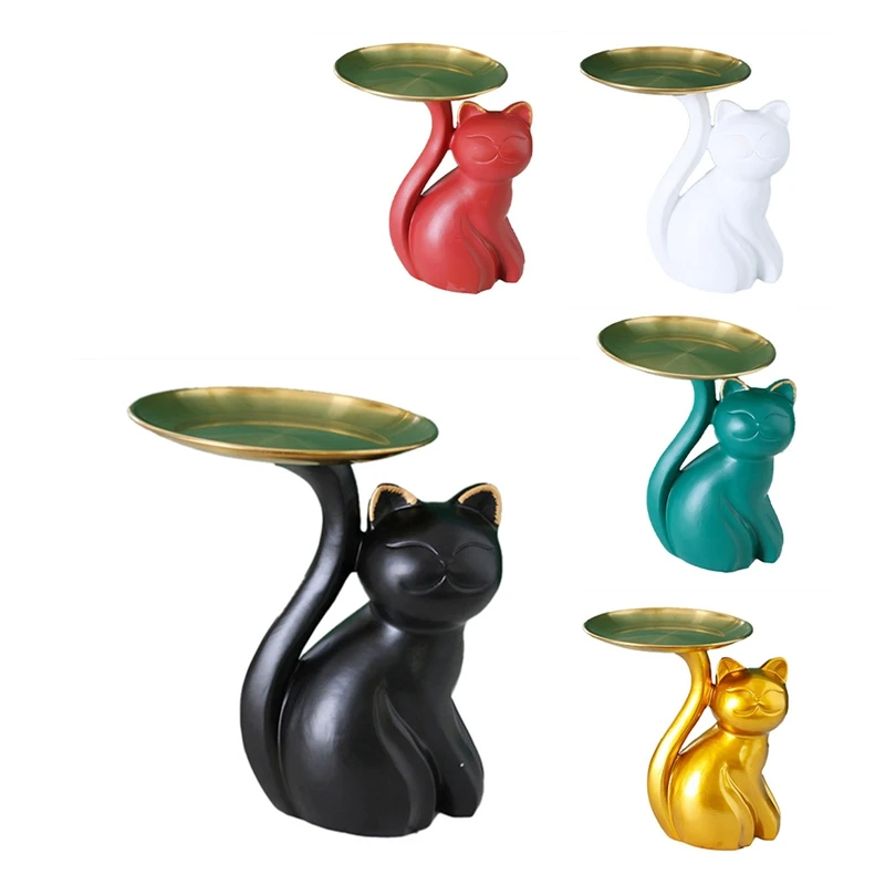 

Nordic Cat Figurines Storage Tray Display Craft Fruit Plate Resin Sundries Holder Ornaments Home Decoration Gift