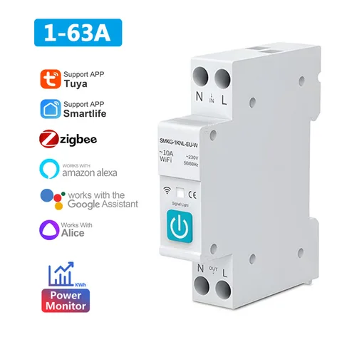 Умный автоматический выключатель TUYA ZigBee/Wi-Fi с измерением 1P 1-63A, DIN-рейка для умного дома, управление через Alexa Google Home Alice