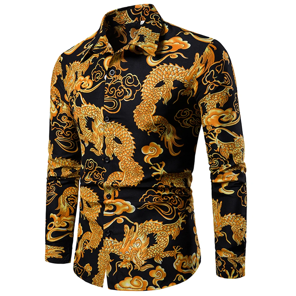 

Summer Style Chinese Dragon Print Men's Shirt Long Sleeve Casual Fashion Imported Basic Outerwear Shirts Man Streetwear Clothing