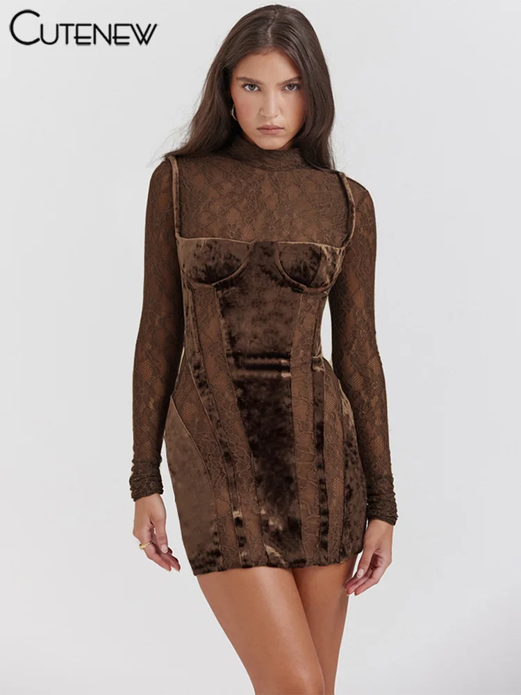 

Cutenew женское однотонное кружевное бархатное лоскутное мини-платье пикантное платье с длинным рукавом и высоким воротником полуночная модель Vestidos новинка 2023