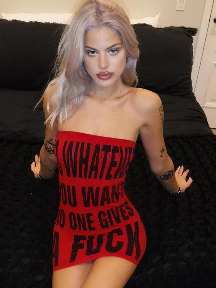 

Модное облегающее платье HAOYUAN с буквенным принтом 2023, платья-трубы без бретелек с открытыми плечами для дня рождения для женщин, сексуальные...