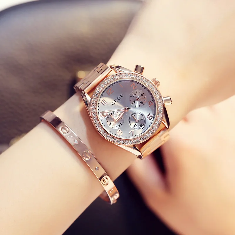 

Luxury Round Quartz Rhinestone Dial Casual Wrist Watches Stainless Strap Fashionable Clock Waterproof Wristwatch for Women