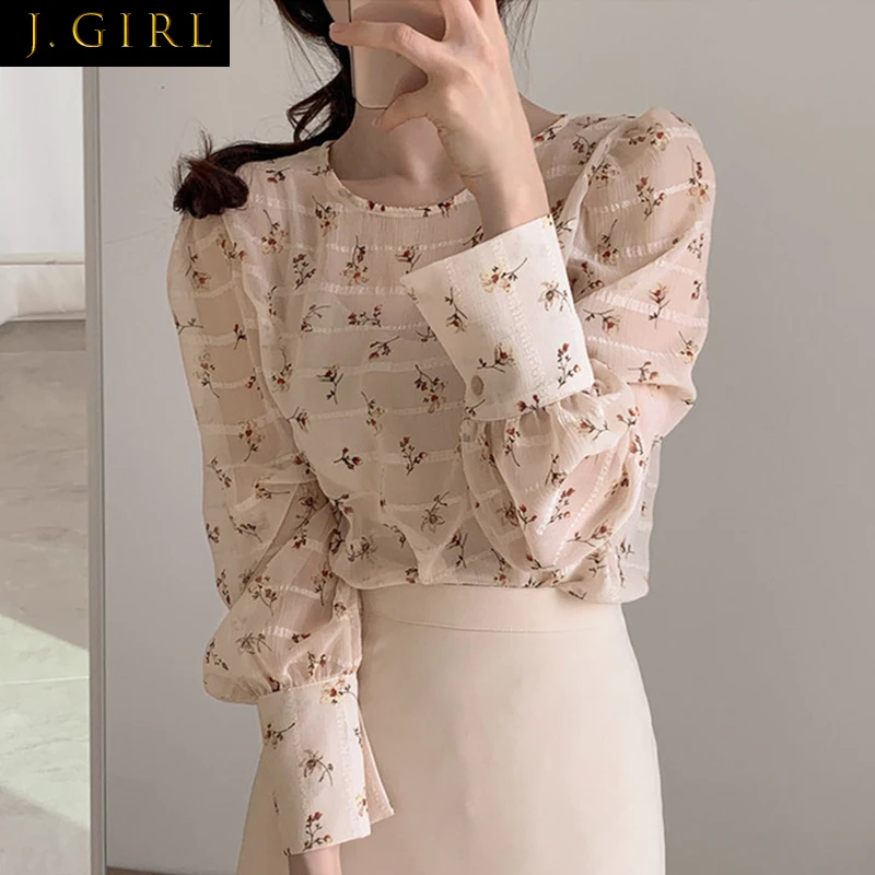 

J GIRLS 2022 Spring Women Blouse Fairy Sweet Gentle Small Floral O Neck Inner Top Loose Thin Long Sleeve Female Chiffon Shirt