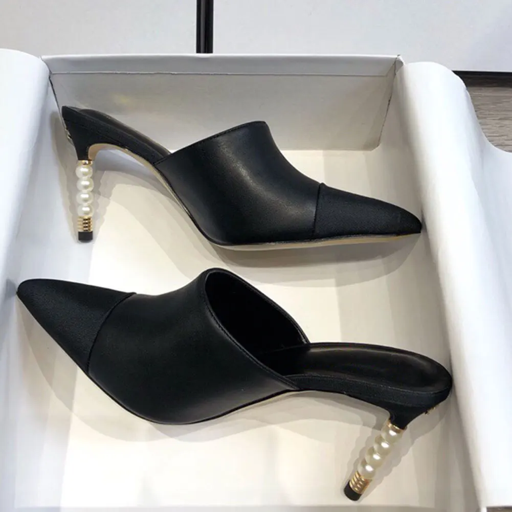 Brand New Great Quality 2023 Summer Pearls Genuine Leather Thin High Heels Women Mules Pumps Slip On Elegant Chic Party Shoes