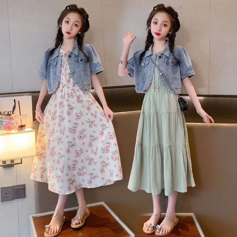 

summer teenage girls clothes dress set Short sleeved denim jacket+vest long flower dress 2pcs kids princess dresses suit outfit