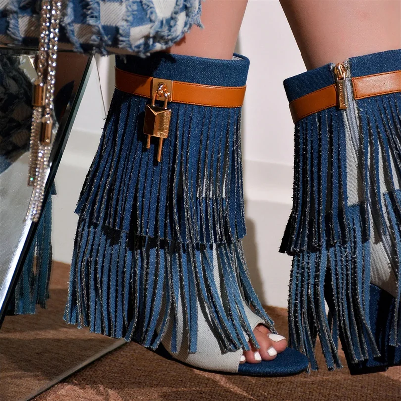 Denim Women Boots 2023 New Spring And Autumn Fashion Flow High Heel Tassel Boots Wedge Heel Splicing Fish Mouth Ankle Boots