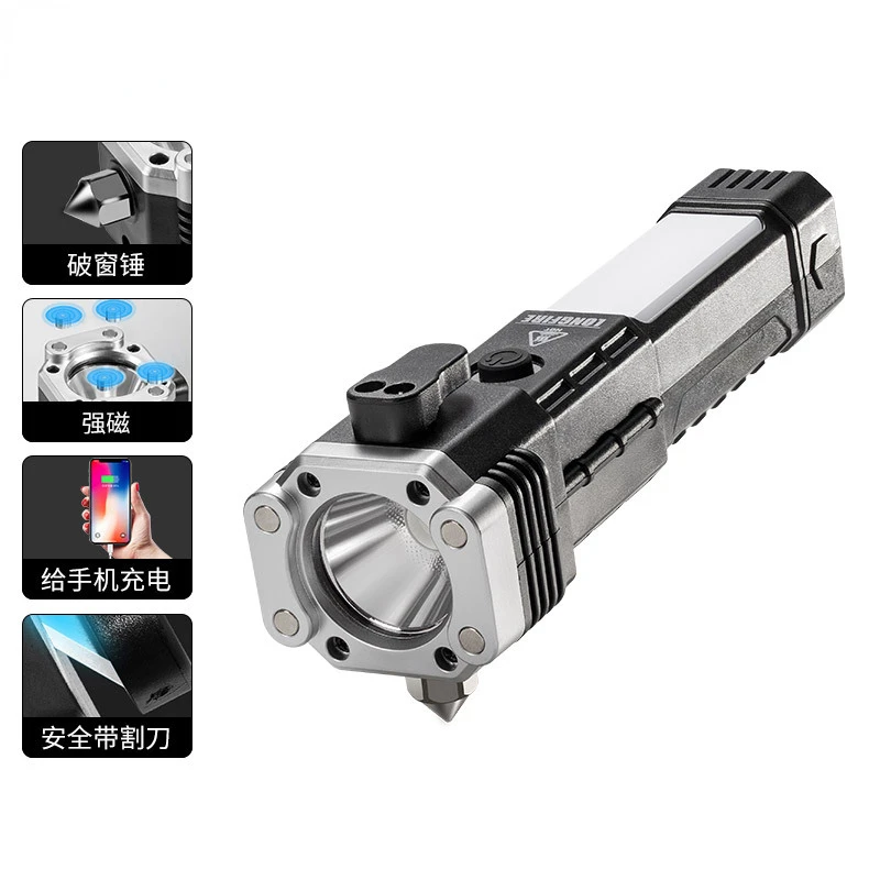

New LED with side light cob safety hammer lifesaving USB charging with magnet multifunctional strong light flashlight