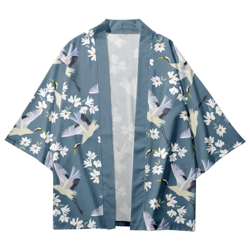 Floral Crane Printed Gray Blue Japanese Men Women Summer Kimono Beach Shorts Cardigan Cosplay Yukata Clothing Harajuku Haori