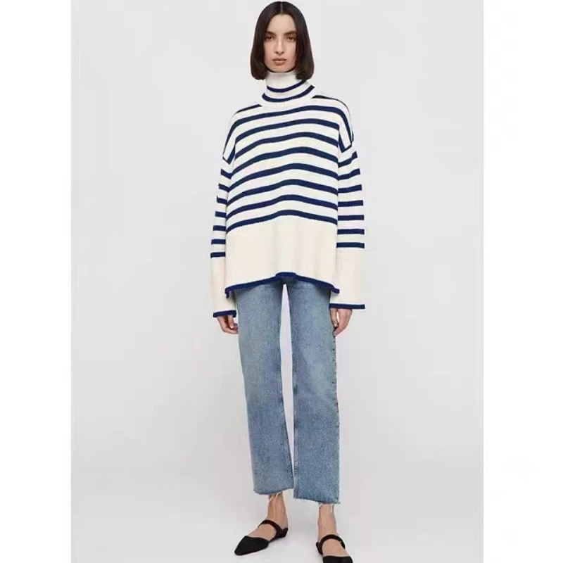 

New Color！TOTEM* ANNECY Women's Sweater High Neck Wool Classic Stripe Splice Knitwear Slouchy Top Winter